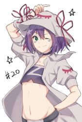 Rule 34 | 1girl, ;), arm up, black choker, choker, commentary request, crop top, facial mark, green eyes, groin, hair between eyes, hat, highres, horizontal pupils, jacket, looking at viewer, merry nightmare, midriff, navel, one eye closed, puffy short sleeves, puffy sleeves, purple hair, short hair, short sleeves, simple background, smile, solo, stomach, white background, yumekui merry, yupinaccho