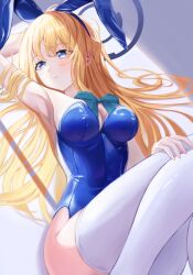 Rule 34 | 1girl, absurdres, arm up, armpits, blonde hair, blue archive, blue eyes, blue leotard, bow, bowtie, breasts, halo, highres, junsick, large breasts, leotard, lying, solo, thighhighs, toki (blue archive), toki (bunny) (blue archive), twitter, white thighhighs