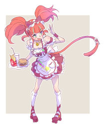 Rule 34 | 1girl, animal ears, apron, aqua eyes, bell, neck bell, cat ears, cat tail, collar, cup, disposable cup, drinking straw, fake animal ears, fang, fang out, food, french fries, burger, highres, iesupa, maid headdress, neon katt, orange hair, roller skates, rwby, skates, solo, tail, twintails