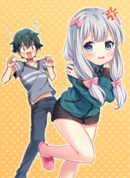 Rule 34 | &gt;:&gt;, 10s, 1boy, 1girl, :&gt;, anger vein, black hair, blue hair, blurry, blush, bow, brother and sister, depth of field, eromanga sensei, flying sweatdrops, hair bow, highres, izumi masamune, izumi sagiri, jacket, looking at another, open mouth, pink bow, polka dot, polka dot background, purple eyes, shinoda mame, shirt, siblings, silver hair, slippers, solo focus, sweat, sweatdrop, t-shirt, tears, v-shaped eyebrows