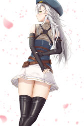 Rule 34 | 1girl, absurdres, belt pouch, eiyuu densetsu, elbow gloves, falling petals, fie claussell, from behind, gloves, hat, highres, kuro no kiseki, long hair, looking back, petals, pouch, sen no kiseki, skirt, solo, thighhighs, white hair, witch f, yellow eyes
