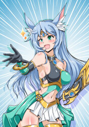 Rule 34 | 1girl, :d, absurdres, animal ear fluff, animal ears, apollousa bow of the goddess, bare shoulders, black gloves, blue hair, blush, bow (weapon), breasts, chest guard, circlet, clothing cutout, collarbone, commentary request, cowboy shot, duel monster, elbow gloves, emphasis lines, forehead jewel, gloves, gluteal fold, green eyes, highres, holding, holding bow (weapon), holding weapon, long hair, medium breasts, midriff, navel, open mouth, pleated skirt, sangyou haikibutsu a, sidelocks, skirt, smile, solo, sparkle, standing, stomach cutout, vambraces, waist cape, weapon, white skirt, yu-gi-oh!
