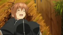 Rule 34 | 1girl, animated, animated gif, black shirt, bouncing breasts, breasts, brown hair, closed eyes, covered erect nipples, crack, cracked wall, crying, dot nose, female focus, genderswap, genderswap (mtf), grabbing own breast, large breasts, looking at breasts, maken-ki!, ooyama takeko, ooyama takeru, open mouth, shirt, short hair, solo, spanish text, subtitled, takami akio, upper body