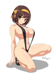 Rule 34 | artist name, breasts, elun, hairband, highres, kneeling, large breasts, looking at viewer, mary janes, shoes, short hair, slingshot swimsuit, suzumiya haruhi, suzumiya haruhi no yuuutsu, swimsuit, thong, underboob, yellow hairband