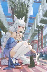 Rule 34 | 1girl, absurdres, animal ear fluff, animal ears, bare shoulders, blue dress, blue footwear, bowl, breast press, breasts, cat, choker, cleavage, detached sleeves, dress, fox ears, fox girl, fox tail, heart, high heels, highres, long hair, looking at viewer, low twintails, lwj, medium hair, open mouth, original, outdoors, pet bowl, petals, phone booth, pink eyes, sleeveless, sleeveless dress, smile, solo, tail, teeth, thighhighs, twintails, very long hair, white hair, white thighhighs