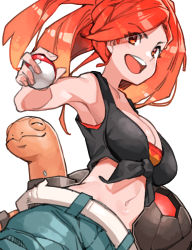 Rule 34 | 1girl, armpits, bare shoulders, belt, breasts, cleavage, creatures (company), flannery (pokemon), from below, game freak, gradient hair, high ponytail, highres, holding, holding poke ball, looking at viewer, makingtawawa, medium breasts, midriff, multicolored hair, navel, nintendo, open mouth, poke ball, pokemon, pokemon (creature), pokemon oras, red eyes, red hair, shirt, simple background, smile, standing, tied shirt, turtle, white background
