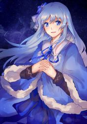 Rule 34 | 1girl, :d, ancient ys vanished, bad id, bad pixiv id, blue coat, blue eyes, blue flower, blue ribbon, blue rose, blush, character request, coat, falcom, feena (ys), floating hair, flower, fur-trimmed coat, fur trim, hair between eyes, hair flower, hair ornament, interlocked fingers, lanlanlu (809930257), long hair, long sleeves, looking at viewer, neck ribbon, open mouth, own hands clasped, own hands together, ribbon, rose, silver hair, sky, smile, solo, standing, star (sky), starry sky, tears, very long hair, ys