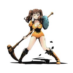 Rule 34 | 10s, 1girl, alpha transparency, boots, breasts, brown eyes, brown hair, cleavage, collarbone, cross-laced footwear, diane (nanatsu no taizai), divine gate, full body, holding, holding weapon, knee boots, lace-up boots, large breasts, leotard, long hair, looking at viewer, nanatsu no taizai, official art, one eye closed, orange footwear, orange leotard, shadow, solo, standing, transparent background, twintails, ucmm, war hammer, warhammer, weapon
