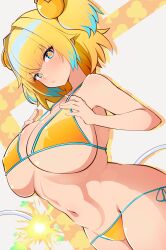 Rule 34 | + +, 1girl, bikini, blonde hair, blue eyes, blush, bombergirl, breasts, cleavage, clover-shaped pupils, club (shape), collarbone, commentary request, da (da 3939), fuse, fuse tail, highres, large breasts, lit fuse, looking at viewer, multicolored hair, navel, oppai loli, pine (bombergirl), short hair, side-tie bikini bottom, solo, swimsuit, symbol-shaped pupils, tail, twintails, two-tone hair, white background, yellow bikini, yellow pupils
