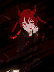 Rule 34 | 1girl, :q, animal ears, blood, bow, braid, cat ears, cat tail, darkness, dress, hair bow, hand up, highres, kaenbyou rin, long sleeves, multiple tails, nano popo02, red eyes, red hair, solo, tail, tongue, tongue out, touhou, twin braids