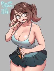 Rule 34 | 1girl, :d, adjusting eyewear, agawa ryou, aqua camisole, artist name, bare shoulders, blue camisole, blue skirt, breasts, brown eyes, brown hair, camisole, cleavage, collarbone, commentary, cowboy shot, dated, english commentary, glasses, grey background, hair ornament, hair scrunchie, halterneck, hand up, holding, holding notepad, holding pencil, huge breasts, long hair, looking at viewer, notepad, numbered, open mouth, original, pencil, pleated skirt, scrunchie, semi-rimless eyewear, short eyebrows, sidelocks, simple background, skindentation, skirt, smile, solo, standing, straight hair, swept bangs, teeth, thick thighs, thighs, twintails, v-shaped eyebrows