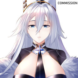 Rule 34 | 1girl, absurdres, azur lane, between breasts, black necktie, blue eyes, breasts, closed mouth, coat, coat dress, commission, dress, feather boa, fur hat, hat, highres, irkawaza, large breasts, lips, long hair, looking at viewer, necktie, necktie between breasts, papakha, silver hair, solo, sovetsky soyuz (azur lane), upper body, white background, white coat, white dress, white hat