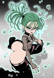 Rule 34 | 1girl, :d, absurdres, ass, bikini, black bikini, breasts, earrings, floating, floating object, green eyes, green hair, highres, jewelry, kneeling, looking at viewer, mmmalice, necklace, nipples, one-punch man, open mouth, see-through, side ponytail, sleeves past wrists, small breasts, smile, solo, swimsuit, tatsumaki