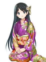 Rule 34 | 1girl, aqua eyes, black hair, blue eyes, blush, flower, flower on head, gaou (umaiyo puyoman), hair flower, hair ornament, japanese clothes, kimono, long hair, looking at viewer, obi, own hands together, sash, seiza, simple background, sitting, smile, solo, white background