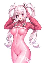 Rule 34 | 1girl, :d, absurdres, alice (nikke), animal ears, bodysuit, breasts, covered navel, gloves, goddess of victory: nikke, hands up, headphones, headset, highres, looking at viewer, medium breasts, neowise, open mouth, pink bodysuit, pink gloves, pink hair, red eyes, shrug (clothing), simple background, skin tight, smile, solo, thighs, twintails, wavy hair, white background