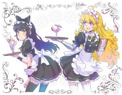 Rule 34 | 2girls, apron, black hair, blake belladonna, blonde hair, cocktail, cocktail glass, cocktail umbrella, cup, drink, drinking glass, floral background, food, fruit, ice cream, iesupa, maid, maid apron, maid headdress, mechanical arms, multiple girls, prosthesis, prosthetic arm, purple eyes, rwby, single mechanical arm, strawberry, sundae, thighhighs, tray, wafer stick, waitress, yang xiao long, yellow eyes