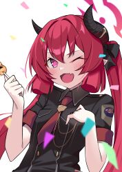 Rule 34 | 1girl, absurdres, black horns, black shirt, blue archive, blush, collared shirt, dango, demon horns, fang, food, highres, holding, holding food, horns, junko (blue archive), long hair, mitarashi dango, mizumok1, necktie, one eye closed, open mouth, pointy ears, red eyes, red hair, red necktie, shirt, short sleeves, simple background, skin fang, smile, solo, twintails, upper body, wagashi, white background
