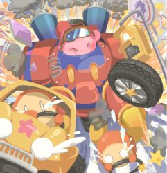 Rule 34 | aviator cap, car, closed eyes, driving, flying teardrops, goggles, goggles on headwear, kirby, kirby: planet robobot, kirby (series), mecha, motor vehicle, nintendo, road sign, robobot armor, robot, sign, spring (object), star (symbol), ticktack chicken, tire, traffic light, vehicle, waddle dee