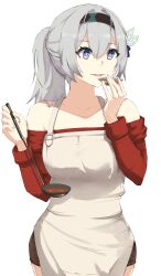 Rule 34 | 1girl, absurdres, alternate costume, alternate hairstyle, apron, bare shoulders, black hairband, commentary, cowboy shot, firefly (honkai: star rail), grey apron, grey hair, hairband, hands up, highres, holding, holding ladle, honkai: star rail, honkai (series), kagurachi, ladle, long hair, long sleeves, off-shoulder shirt, off shoulder, parted lips, ponytail, purple eyes, red shirt, shirt, simple background, smile, solo, standing, white background