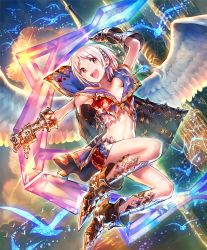 Rule 34 | 10s, 1girl, :d, angel, angel wings, artist request, bird, blonde hair, boomerang, boots, braid, castle, cloud, cygames, feathers, gauntlets, gem, hair ornament, luxwing reno, midriff, navel, official art, open mouth, red eyes, revealing clothes, shadowverse, shingeki no bahamut, short hair, skirt, smile, vest, weapon, wings
