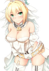 Rule 34 | 10s, 1girl, ahoge, akazawa kureha, belt, blonde hair, breasts, bridal veil, cleavage, crossed arms, detached sleeves, fate/extra, fate/extra ccc, fate/grand order, fate (series), flower, garter belt, garter straps, green eyes, hair intakes, large breasts, leaning forward, leotard, lock, looking at viewer, nero claudius (bride) (fate), nero claudius (bride) (second ascension) (fate), nero claudius (fate), nero claudius (fate) (all), padlock, padlocked collar, puffy sleeves, showgirl skirt, simple background, smile, solo, strapless, strapless leotard, thighhighs, turtleneck, veil, white background, white leotard, white thighhighs, wide sleeves, wreath