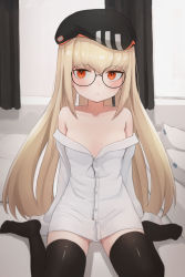 Rule 34 | 1girl, absurdres, auuufox, bare shoulders, beret, black-framed eyewear, black hat, black thighhighs, blonde hair, closed mouth, commission, dress shirt, expressionless, girls&#039; frontline, glasses, gluteal fold, hat, highres, indoors, long hair, long sleeves, looking at viewer, no bra, no shoes, off shoulder, red eyes, round eyewear, shirt, sitting, solo, thighhighs, type 80 (girls&#039; frontline), very long hair, wariza, white shirt, zettai ryouiki