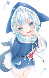 Rule 34 | 1girl, animal costume, animal hood, bare legs, blue eyes, blue hair, blue nails, blush, commentary, english commentary, fins, fish bone, fish tail, gawr gura, gawr gura (1st costume), highres, hololive, hololive english, hood, hood down, hoodie, long sleeves, looking at viewer, medium hair, multicolored hair, nail polish, shark costume, shark hood, shark tail, sharp teeth, shin murasame, silver hair, simple background, smile, solo, streaked hair, tail, teeth, virtual youtuber, white background, wide sleeves