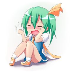 Rule 34 | 1girl, aqua hair, bow, crying, daiyousei, dress, closed eyes, female focus, hair bow, hair ribbon, kuromu (underporno), ribbon, side ponytail, solo, tears, touhou, white background, wings