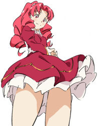 Rule 34 | 1girl, akagi towa, blush, crossed arms, drill hair, gluteal fold, go! princess precure, looking down, precure, puffy sleeves, red eyes, red hair, simple background, skirt, smile, solo, umanosuke, white background