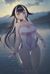 Rule 34 | 1girl, absurdres, animal ears, artist name, belt collar, black hair, blue collar, body markings, breasts, cleavage, collar, commentary, covered navel, english commentary, highres, indie virtual youtuber, large breasts, long hair, looking at viewer, multicolored hair, navel, one-piece swimsuit, purple eyes, see-through, see-through cleavage, see-through swimsuit, shaoviie, shylily, shylily (3rd costume), smile, streaked hair, swimsuit, virtual youtuber, wading, water, wet, white hair, white one-piece swimsuit