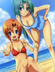 Rule 34 | 00s, 2girls, :d, asymmetrical bangs, barefoot, beach, bent over, bikini, blue eyes, blue one-piece swimsuit, blue sky, blush, breasts, casual one-piece swimsuit, cleavage, cloud, cloudy sky, day, dutch angle, female focus, frilled swimsuit, frills, green hair, hand on own hip, hand on own knee, high ponytail, higurashi no naku koro ni, knees together feet apart, large breasts, light smile, long hair, looking at viewer, multiple girls, o-ring, o-ring bikini, o-ring top, ocean, official art, on ground, one-piece swimsuit, open mouth, orange hair, outdoors, outstretched arm, parted bangs, ponytail, print swimsuit, rato, red bikini, ryuuguu rena, short hair, sitting, sky, small breasts, smile, sonozaki mion, strap pull, swimsuit, v, very long hair, water