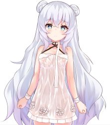 Rule 34 | 1girl, azur lane, bad id, bad pixiv id, bandaged arm, bandages, bare shoulders, blush, breasts, choker, closed mouth, collarbone, criss-cross halter, double bun, dress, flower, frilled dress, frills, green eyes, hair between eyes, hair bun, halterneck, le malin (azur lane), le malin (sleepy sunday) (azur lane), long hair, looking at viewer, ponta (velmar), rose, see-through, silver hair, simple background, small breasts, solo, very long hair, wet, wet clothes, wet dress, white background, white flower, white rose