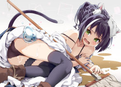 Rule 34 | 1girl, animal ear fluff, animal ears, bare shoulders, black hair, black panties, black thighhighs, blush, bra, breasts, brown footwear, cat ears, cat girl, cat tail, clothes lift, commentary request, dress, dress lift, eretto, fang, green eyes, hair bun, karyl (princess connect!), looking at viewer, lying, mop, multicolored hair, off-shoulder dress, off shoulder, open mouth, panties, princess connect!, single hair bun, small breasts, solo, strap slip, streaked hair, tail, tearing up, thigh strap, thighhighs, twintails, underwear, wavy mouth, wet, white hair