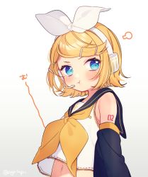 Rule 34 | &gt;:t, 1girl, :t, angry, annoyed, arm tattoo, bare shoulders, blonde hair, blue eyes, blush, bow, crop top, detached sleeves, flat chest, hair bow, hair ornament, hairclip, head steam, headphones, headset, kagamine rin, looking at viewer, midriff, navel, number tattoo, pout, rinndouk, sailor collar, shirt, short hair, sleeveless, sleeveless shirt, solo, tattoo, upper body, v-shaped eyebrows, vocaloid