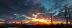 Rule 34 | bridge, building, cloud, cloudy sky, commentary request, highres, huanxiang huifeng, no humans, original, outdoors, power lines, revision, scenery, sky, skyline, skyscraper, sunset, transmission tower