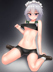 Rule 34 | 1girl, alternate costume, bare arms, bare shoulders, bike shorts, black eyes, black footwear, blush, bow, braid, breasts, clothes pull, collarbone, cowfee, full body, green bow, hair between eyes, hair bow, highres, izayoi sakuya, looking at viewer, maid headdress, midriff, naughty face, navel, parted lips, shirt pull, shoes, shorts, silver hair, sitting, small breasts, smile, socks, solo, stomach, tank top, touhou, tsurime, twin braids, underboob, wariza, white socks