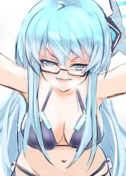 Rule 34 | absurdres, bare shoulders, bikini, bimmy, blue hair, breasts, cleavage, glasses, green eyes, highres, kiseijou rei, large breasts, long hair, navel, neptune (series), open mouth, ribbon, stomach, swimsuit, thighs, very long hair