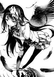 1girl absurdres akemi_homura akuma_homura breasts dutch_angle earrings evil_smile feathered_wings feathers floating_hair fukushima_masayasu greyscale hair_ribbon half-closed_eyes hand_in_own_hair hand_on_own_knee highres jewelry leaning leaning_forward light_smile loafers long_hair long_sleeves mahou_shoujo_madoka_magica mahou_shoujo_madoka_magica:_hangyaku_no_monogatari mitakihara_school_uniform monochrome neck_ribbon open_mouth pantyhose plaid_clothes plaid_skirt pleated_skirt ribbon school_uniform shoes simple_background single_earring skirt small_breasts smile standing standing_on_liquid standing_on_one_leg straight_hair uniform white_background wings