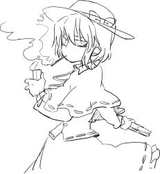 Rule 34 | 1girl, bad id, bad pixiv id, book, bow, capelet, cigarette, female focus, greyscale, hachi (8bit canvas), hat, lighter, monochrome, short hair, sketch, skirt, smoke, smoking, solo, touhou, usami renko