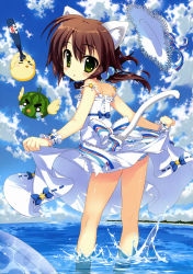 Rule 34 | 1girl, absurdres, animal ears, bare legs, bare shoulders, blue sky, brown hair, cat ears, cat tail, clothes lift, cloud, cloudy sky, day, dress, dress lift, flat chest, fujima takuya, green eyes, hair bobbles, hair ornament, highres, long hair, looking back, low twintails, panties, pantyshot, scan, skirt, sky, solo, strap slip, striped clothes, striped panties, tail, twintails, underwear, wading, water, white dress, white skirt