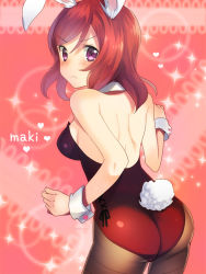 Rule 34 | 10s, 1girl, animal ears, ass, bare back, blush, breasts, character name, detached collar, fake animal ears, hikari no, long hair, looking at viewer, looking back, love live!, love live! school idol project, medium breasts, nishikino maki, pantyhose, pink eyes, playboy bunny, rabbit ears, rabbit tail, red hair, sideboob, solo, tail, wrist cuffs