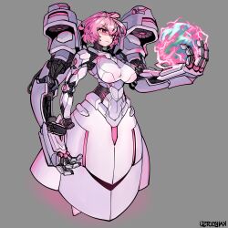 Rule 34 | 1girl, absurdres, breasts, commission, frown, grey background, hair between eyes, highres, kaibootsu, large breasts, looking at viewer, mecha, original, pink hair, robot, signature, solo