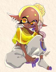 Rule 34 | 1girl, asymmetrical hair, baggy pants, bare shoulders, blonde hair, colored skin, commentary request, crop top, dark-skinned female, dark skin, earrings, eyelashes, fangs, fangs out, food, food-themed hair ornament, forehead, frye (splatoon), full body, gradient hair, grey pants, grey socks, hair ornament, hand on own cheek, hand on own face, hand up, harem pants, highres, inkling, isamu-ki (yuuki), jewelry, looking at viewer, medium hair, multicolored hair, multicolored skin, multiple earrings, nintendo, pants, parted lips, pointy ears, poncho, purple hair, purple skin, shirt, short eyebrows, signature, simple background, sitting, sleeveless, sleeveless shirt, sleeveless turtleneck crop top, socks, solo, splatoon (series), splatoon 3, star-shaped pupils, star (symbol), symbol-shaped pupils, tempura, tentacle hair, toeless legwear, turtleneck, white background, yellow eyes, yellow shirt