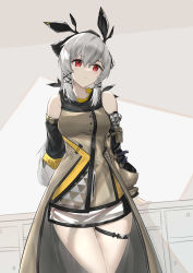 Rule 34 | 1girl, absurdres, animal ears, arknights, arms behind back, bare shoulders, breasts, brown dress, cowboy shot, desk, detached sleeves, dress, grey hair, highres, long hair, long sleeves, looking at viewer, medium breasts, parted lips, red eyes, sarea (sarea2020), see-through, solo, thigh gap, thigh strap, very long hair, waist cape, weedy (arknights)