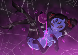 Rule 34 | arthropod girl, ass, boots, colored skin, doughnut, elbow gloves, extra arms, extra eyes, fangs, food, gloves, high heel boots, high heels, highres, holding, holding food, insect girl, latex, latex boots, latex gloves, muffet, purple skin, skarlet jewel, spider girl, tea, teapot, teeth, thigh boots, twintails, undertale