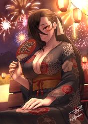 Rule 34 | 1girl, alternate costume, black kimono, braid, breasts, brown eyes, brown hair, cleavage, closed mouth, commission, fire emblem, fireworks, floral print, french braid, hair over one eye, highres, japanese clothes, kagero (fire emblem), kimono, lantern, large breasts, long hair, night, nintendo, obi, outdoors, oyaji-sou, paper lantern, ponytail, sash, signature, sitting, skeb commission, smile, solo