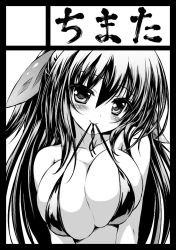 Rule 34 | 1girl, 2-g, bikini, bikini in mouth, black border, blush, border, breasts, circle cut, cleavage, clothes in mouth, greyscale, hair ribbon, large breasts, long hair, monochrome, mouth hold, original, ribbon, smile, solo, swimsuit