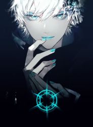 Rule 34 | 1boy, blue eyes, blue eyeshadow, charles-henri sanson (fate), closed mouth, collar, eyelashes, eyeshadow, fate/grand order, fate (series), finger to mouth, fingernails, hair between eyes, highres, koshika rina, looking at viewer, makeup, male focus, nail polish, official alternate costume, short hair, smile, solo, white hair