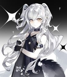 Rule 34 | 1girl, absurdres, arknights, armband, bare shoulders, black background, black dress, black gloves, black ribbon, collarbone, commentary request, crocodilian tail, dress, eyupi, gloves, gradient background, grey hair, hair ribbon, highres, long hair, pale skin, partially fingerless gloves, pointy ears, ribbon, sleeveless, sleeveless dress, solo, tail, tomimi (arknights), two side up, very long hair, white background