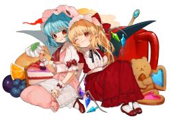 Rule 34 | 2girls, ;t, adapted costume, almond, ascot, bat wings, bear, black ribbon, blonde hair, blue hair, blueberry, blush, bobby socks, bow, commentary, cream, crystal, dress, fang, fang out, flandre scarlet, food, frilled shirt collar, frills, fruit, gotou (nekocat), grapes, hand up, handkerchief, hat, hat bow, head tilt, heart, high heels, holding, holding hands, holding spoon, interlocked fingers, knees up, long dress, long hair, looking at another, mary janes, mob cap, multiple girls, nail polish, neck ribbon, one eye closed, one side up, orange (fruit), pancake, parted lips, pink dress, pink hat, pointy ears, puffy short sleeves, puffy sleeves, red bow, red dress, red eyes, red footwear, red nails, red neckwear, remilia scarlet, ribbon, sash, shoes, short sleeves, siblings, sisters, sitting, smile, socks, spoon, touhou, transparent background, wariza, white sash, white socks, wings, wrist cuffs
